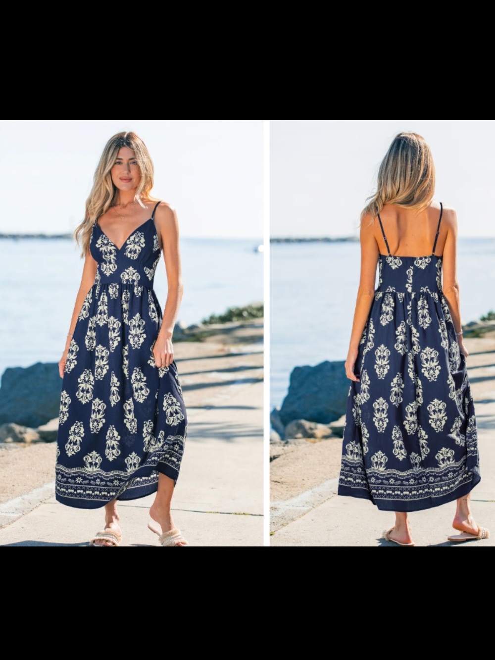 Cupshe Navy & White Floral Maxi Dress with Spaghetti Straps